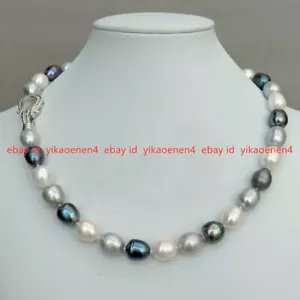 Freshwater 8-9mm Black Gray White Rice Pearl Mixed Color Pearl Necklace 16-25" - Picture 1 of 16
