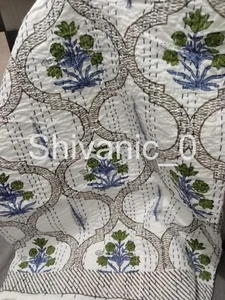 Reversible Indian Hand Block Cotton Kantha Quilt Bedspread Bedding Throw Blanket - Foto 1 di 5