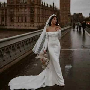 Off Shoulder Mermaid Wedding Dresses Long Sleeves Strapless Backless Bridal Gown - Picture 1 of 11
