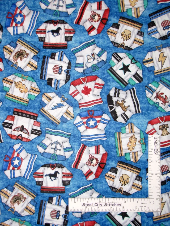 3 Yards Cotton Fabric - QT Fabrics Dan Morris Face off Hockey Jerseys Toss Blue