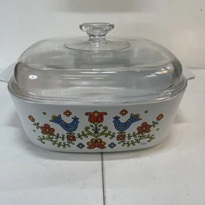 Vintage 1975 CORNING WARE Country Festival Blue Bird 4qt Casserole w/PYREX Lid - Picture 1 of 8