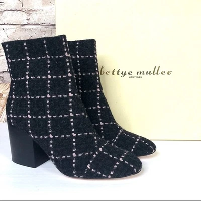 NOVAS Botas de Salto Bettye Muller Tamanho 6.5 NightCap Tweed Preto Rosa Boucle - Imagem 1 de 4