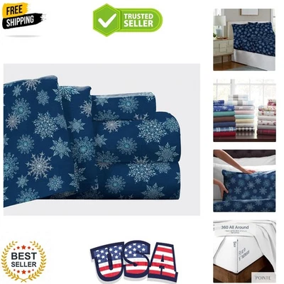 Ultra Soft Queen Sheet Set - 100% Cotton Flannel with Elegant Navy Snowflakes - Image 1 of 4