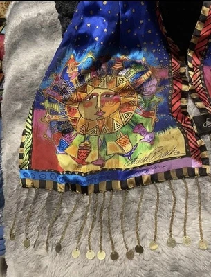 Bufanda de seda Laurel Burch “Armonía bajo el sol” flecos con cuentas doradas Foto 1 de 4