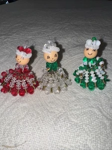 VINTAGE Set Of 3 SAFETY PIN BEADED CHRISTMAS ANGEL ORNAMENT Red Green Clear - Picture 1 of 6