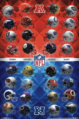 Capacetes de futebol americano da NFL logotipo vintage pôster impressão em placa de metal 12x8 polegadas antigas novas edições - Imagem 1 de 4