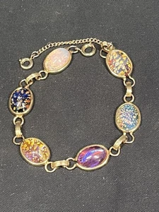 VINTAGE GOLD TONE GLASS CABOCHON BRACELET 7.75” Fashion Jewelry 1970s - Picture 1 of 7