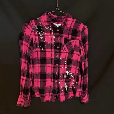Justice Pink Black Country Plaid Girls 16 Long Sleeve trendy Silver Splash - Image 1 of 4