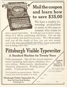 Publicidad impresa de revista vintage para máquina de escribir Pittsburgh Visible 12 1912 - Imagen 1 de 2