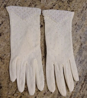 ¿Nuevo? Guantes formales de nailon elásticos crema talla única vintage de 8" cuentas tono plateado Foto 1 de 4