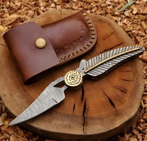 Damascus Leaf Folding Knife With Leather Sheath Best Camping & Pocket Knife - Picture 1 of 5