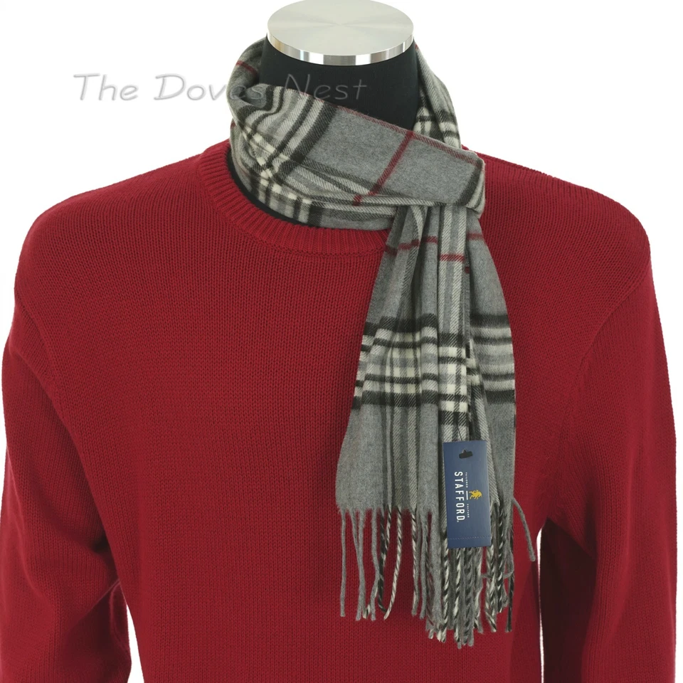 Stafford Men's Gray Black White & Red Plaid Winter Scarf With Fringe Oblong