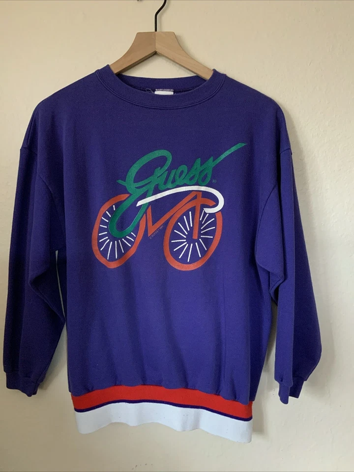 Vintage 1989 GUESS Jeans Bicycle Graphic Sweatshirt One Size  Purple Runs Small - Image 1 of 3