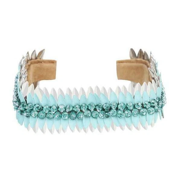 Deepa Gurnani VADA feather crystal Cuff Bracelet Anthropologie aqua blue silver - Image 1 of 1