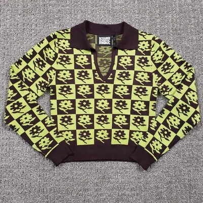 Suéter feminino vintage recuperado tamanho 2 amarelo marrom polo quadriculado flor pequeno - Imagem 1 de 4