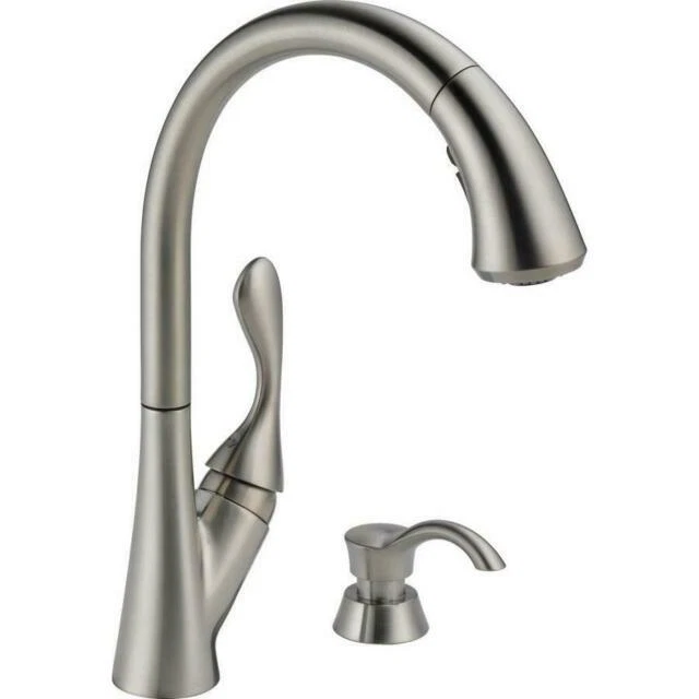 Delta Ashton Single Handle Pull-Down Kitchen Faucet with Soap Dispenser and ShieldSpray Technology - 19922Z-SSSD-DST