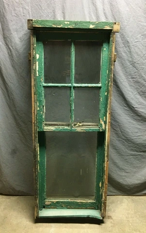 Antique Window 4 Over 1 Shabby With Surround  VTG Chic 24x59 Green Old 357-21B Cover