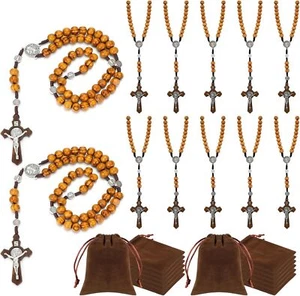 Equsion 12 Set Wooden Bead Rosary Necklace Catholic Rosary Wood Carved Solid - Picture 1 of 6