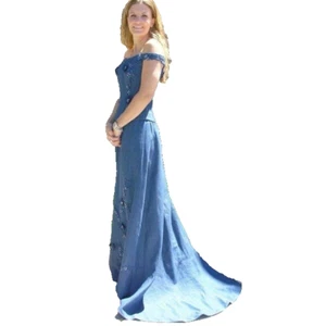 Denim Beaded Corset Western Wedding Dress with Train, Size 10 - Picture 1 of 11