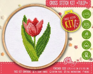 Spring cross stitch kit Pink Tulip Beginners embroidery kit for kids and adults - Picture 1 of 9