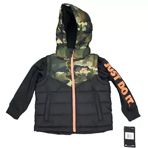 Nike Hooded Jacket Toddler Boys 3T Black Camo Puffer Vest Layered Look Full Zip - Picture 1 of 13