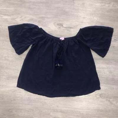 Lilly Pulitzer Small Top/Blouse Womens Sain off the Shoulder Tassel Accents Navy - Image 1 of 4