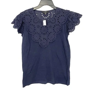 NEW J Crew Blue Eyelet Lace Trim Top Womens XS Ruffle Cap Sleeve Cotton Nautical - Picture 1 of 7