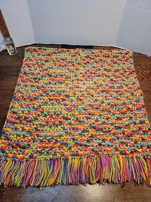 Handmade Crocheted Blanket 26" X 60" Vibrant Fringed Ends 1980's - Image 1 of 4