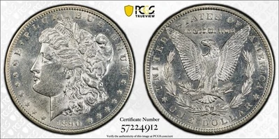 1890-CC PCGS AU55 Morgan Dollar - 100% Blazing White - PCGS Gold Shield - Image 1 of 3