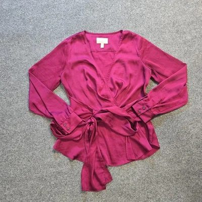 Moulinette Soeurs Top Womens Size 6 Pink Burgundy Satin Belted Faux Wrap Capsule - Image 1 of 4