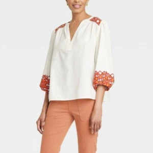 Knox Rose Size S Boho Cream Balloon 3/4 Sleeve Boho Top Gypsy Western Rustic - Picture 1 of 10