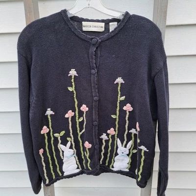 Cárdigan Suéter Vintage Marisa Christina Grande Vintage Bunng Pascua Abuela Azul Foto 1 de 4