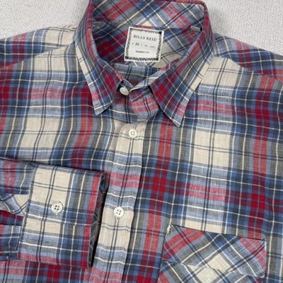 Camisa Billy Reid Para Hombres M Lino Cuadros Huckberry Manga Larga Botón Delantero Azul Rojo Foto 1 de 4