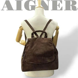 AIGNER Rare Backpack Medium Logo Suede Leather Brown Women's From Japan Good - Picture 1 of 14