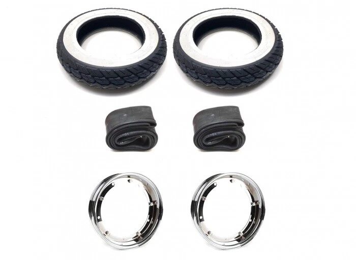 2x Weißwand Reifen 3.50-10 Chrom Felgen Satz für Vespa Piaggio APE 50, Cosa 200 - Bild 1 von 1