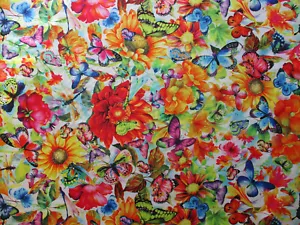 Butterfly Dragonfly Butterflies Flowers Floral Bright Stunning Cotton Fabric FQ - Picture 1 of 7