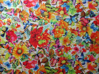 Butterfly Dragonfly Butterflies Flowers Floral Bright Stunning Cotton Fabric FQ  - Image 1 of 4
