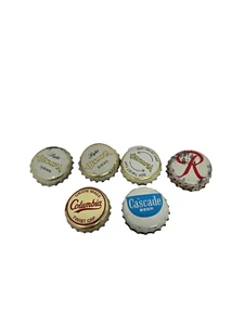 Vtg 3 Olympia, 1 Rainier, 1 Union Made Columbia, 1 Cascade used Bottle Caps - Picture 1 of 7