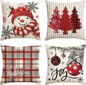 Winter Snowman Joy Snowflake Christmas Red Throw Pillow Covers, 18 X 18 Inch Xma - Picture 1 of 7