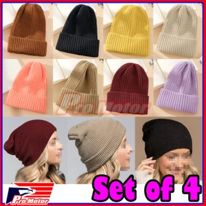 4x Knit Cuff Beanie Hat Winter Cap Slouchy Skull Ski Solid Men Women Plain Baggy - Picture 1 of 5