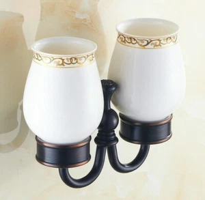 Oil Rubbed Brass Wall Mount Bathroom Toothbrush Holders Dual Ceramic Cup mba472 - Picture 1 of 8