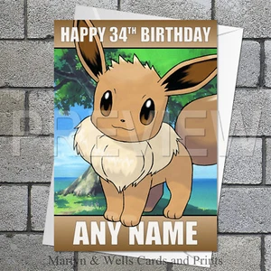 Pokemon Eevee birthday card. 5x7 inches. Anime. Personalised, plus envelope. - Picture 1 of 6