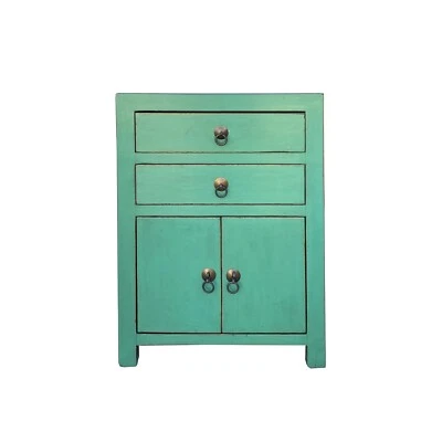 Chinese Distressed Turquoise Green 2 Drawers End Table Nightstand cs7420 - Image 1 of 4
