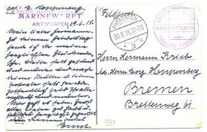 BELGIUM-GERMANY  1915  AK =GERMAN PM =  MARINE WERF ANTWERPEN  FINE - Picture 1 of 2
