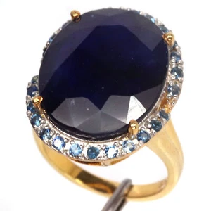 Gemstone 15 X 19 mm Oval With Round Blue Sapphire Woman Ring 925 Silver Sterling - Picture 1 of 5