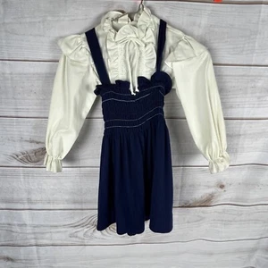 Vintage Smocked Girls Size 6 Frock Jumper Dress Blue w/ Ruffled Blouse Top White - Foto 1 di 9
