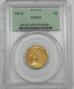 1913 GOLD Indian Head Half Eagle 5 $ ZERTIFIZIERT PCGS MS 63 ~ alter grüner Halter - Bild 1 von 4