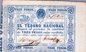 Paraguay 1800s " RARE BANKNOTE " 3 Pesos - Picture 1 of 3