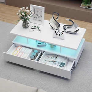 Wohnzimmertisch Couchtisch mit LED Beleuchtung Beistelltisch 2 Schubladen Weiß - Bild 1 von 9