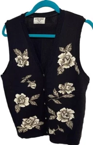 VTG Alfred Dunner Sweater Vest Women Petite M Black Button Up Floral Made in USA - Picture 1 of 5
